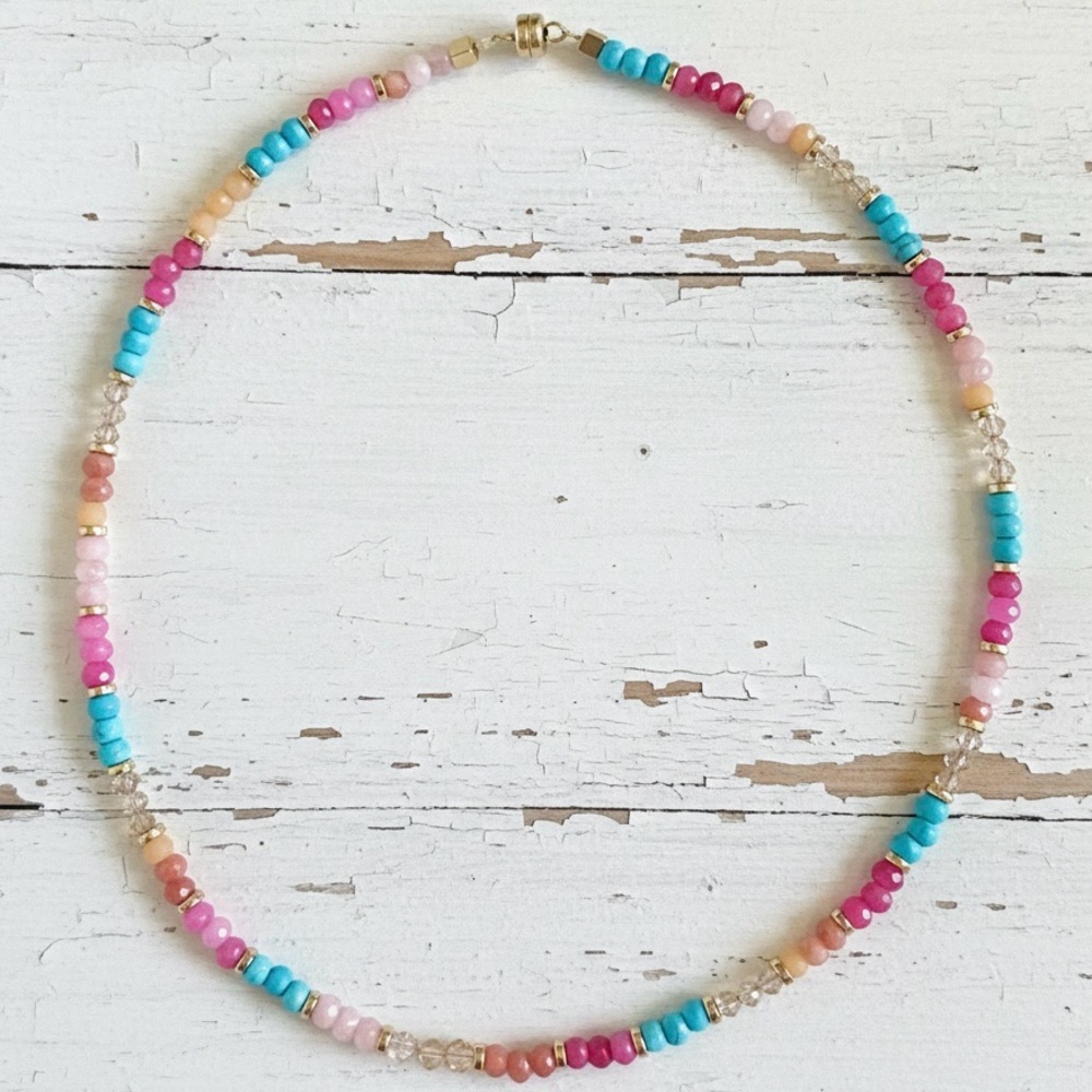 Multicolour Fuchsia & Orange & Turquoise Quartz Necklace with Gold Hematite